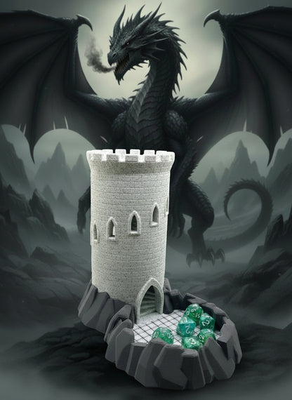 Castle Dice Tower with Built in Rock Tray– Now Your Dice Can’t Escape