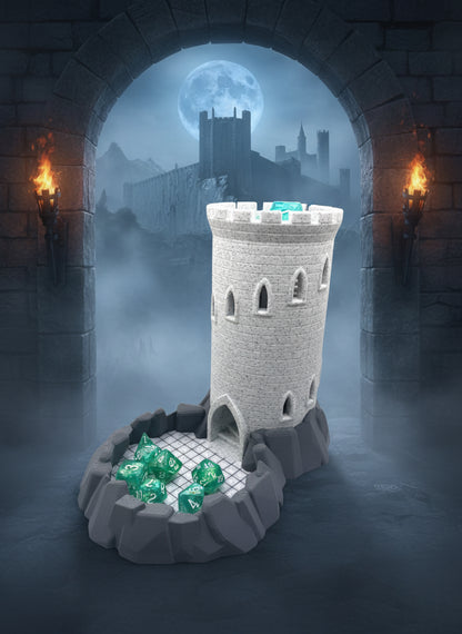 Castle Dice Tower with Built in Rock Tray– Now Your Dice Can’t Escape