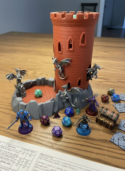 Castle Dice Tower with Built in Rock Tray– Now Your Dice Can’t Escape