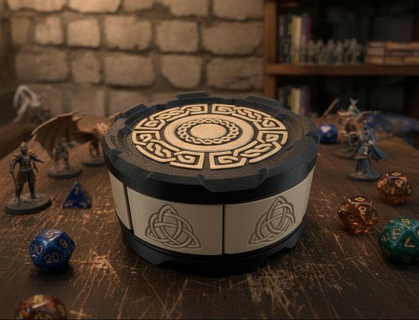 Celtic Stackable Dice Set Box: 7-Dice Holder in Metallic Colors