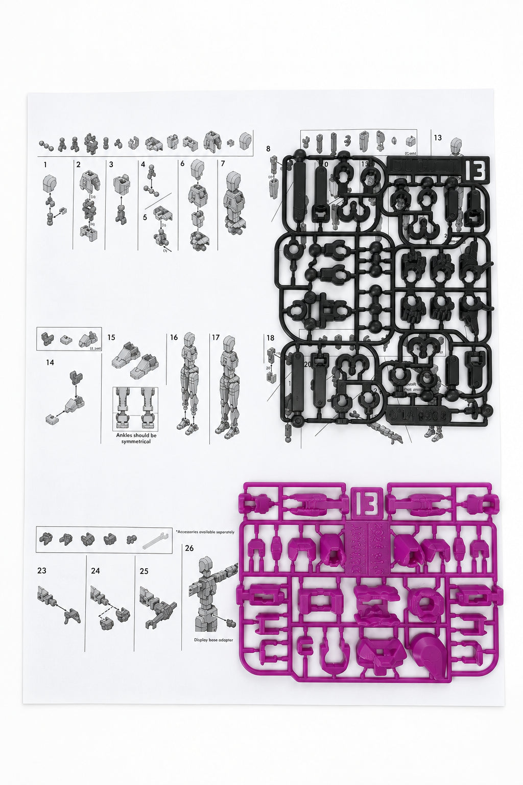 Dummy 13 – Colorful Articulated Action Figure Assembled and Unassembled