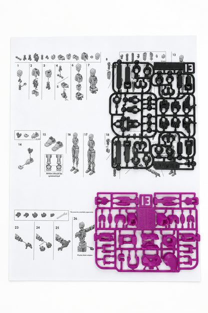 Dummy 13 – Colorful Articulated Action Figure Assembled and Unassembled