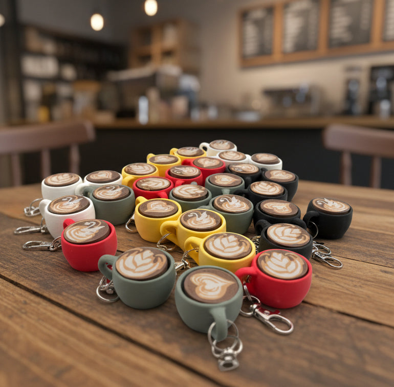 Latte Fidget Clicker KEYCHAIN – Coffee | Espresso Clicker in 3 Styles Heart, Swan, and Tulips